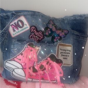 Denim Tote with Notebook & Pink Sequin Sneaker Patch